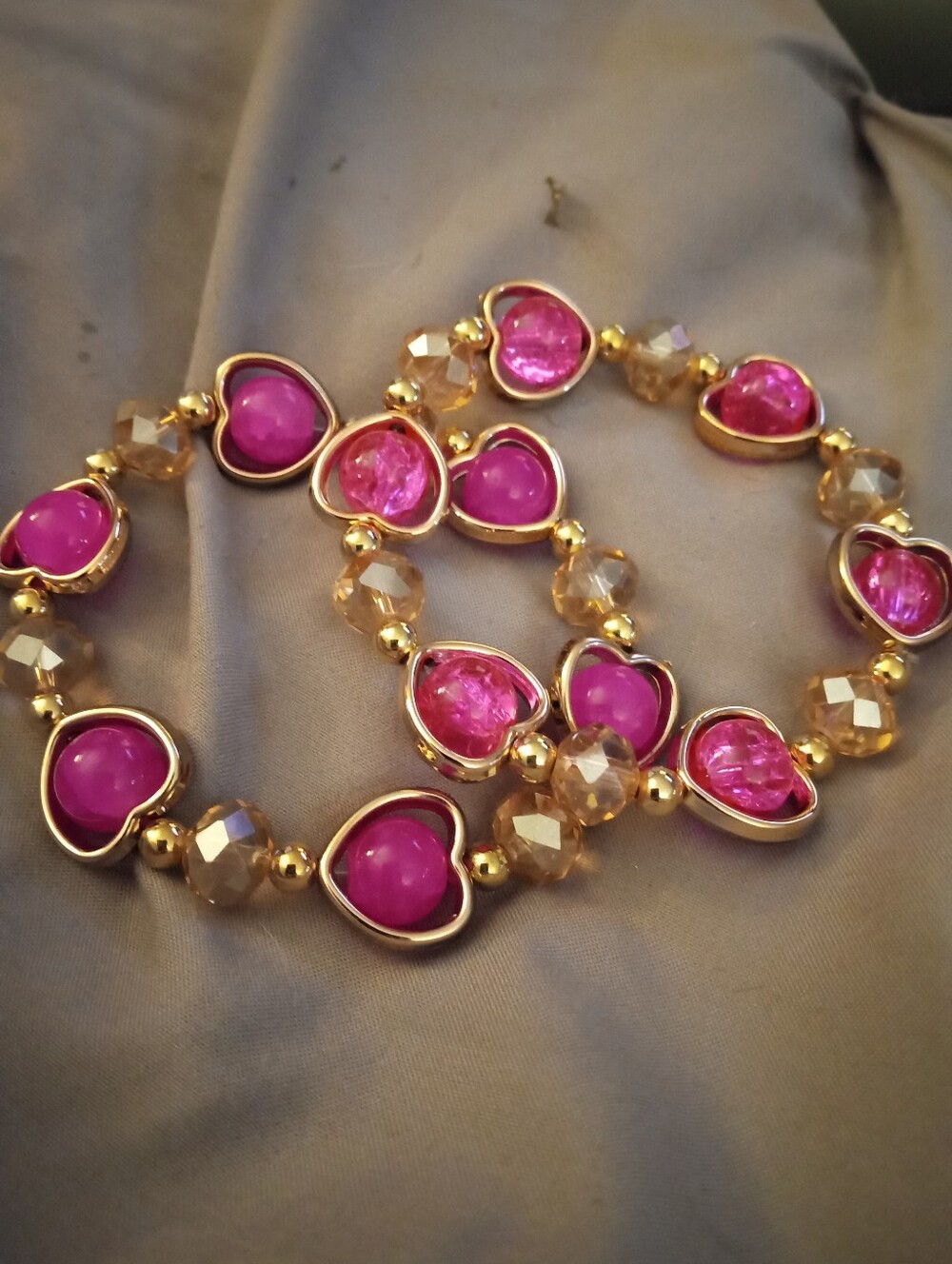 Fuchsia Pink Gold-Tone Bracelet with Bright Pink Heart Charms